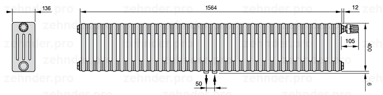 Схема (чертеж) Радиатор Zehnder Charleston 4040/34 №V008 Белый глянцевый RAL 9016